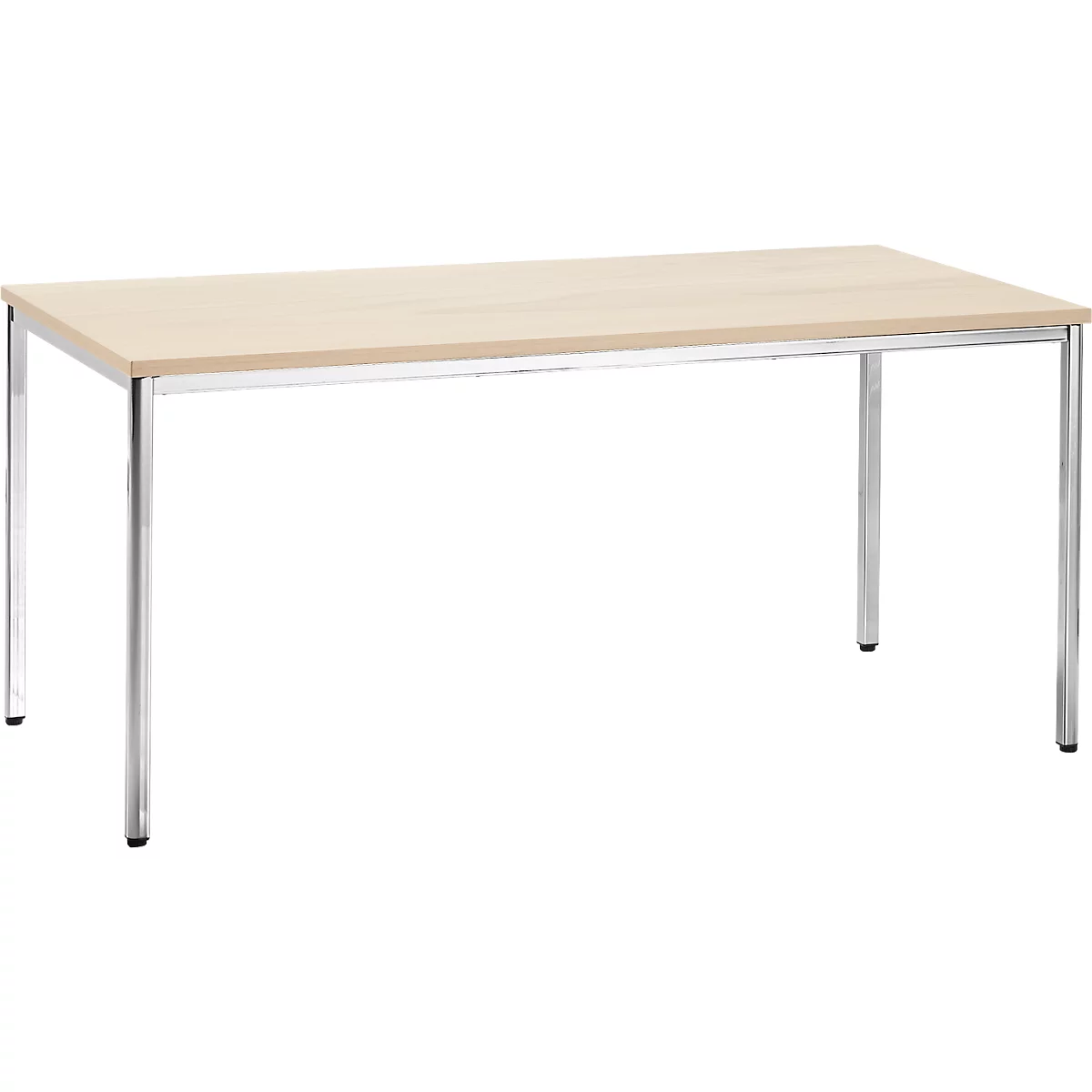 Rectangular table with light brown tabletop and silver legs.