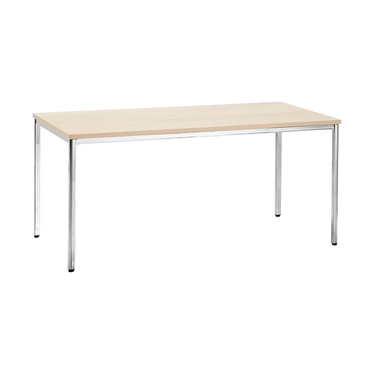 A rectangular, light wooden table with chrome legs. The table top is light brown, the legs shiny.
