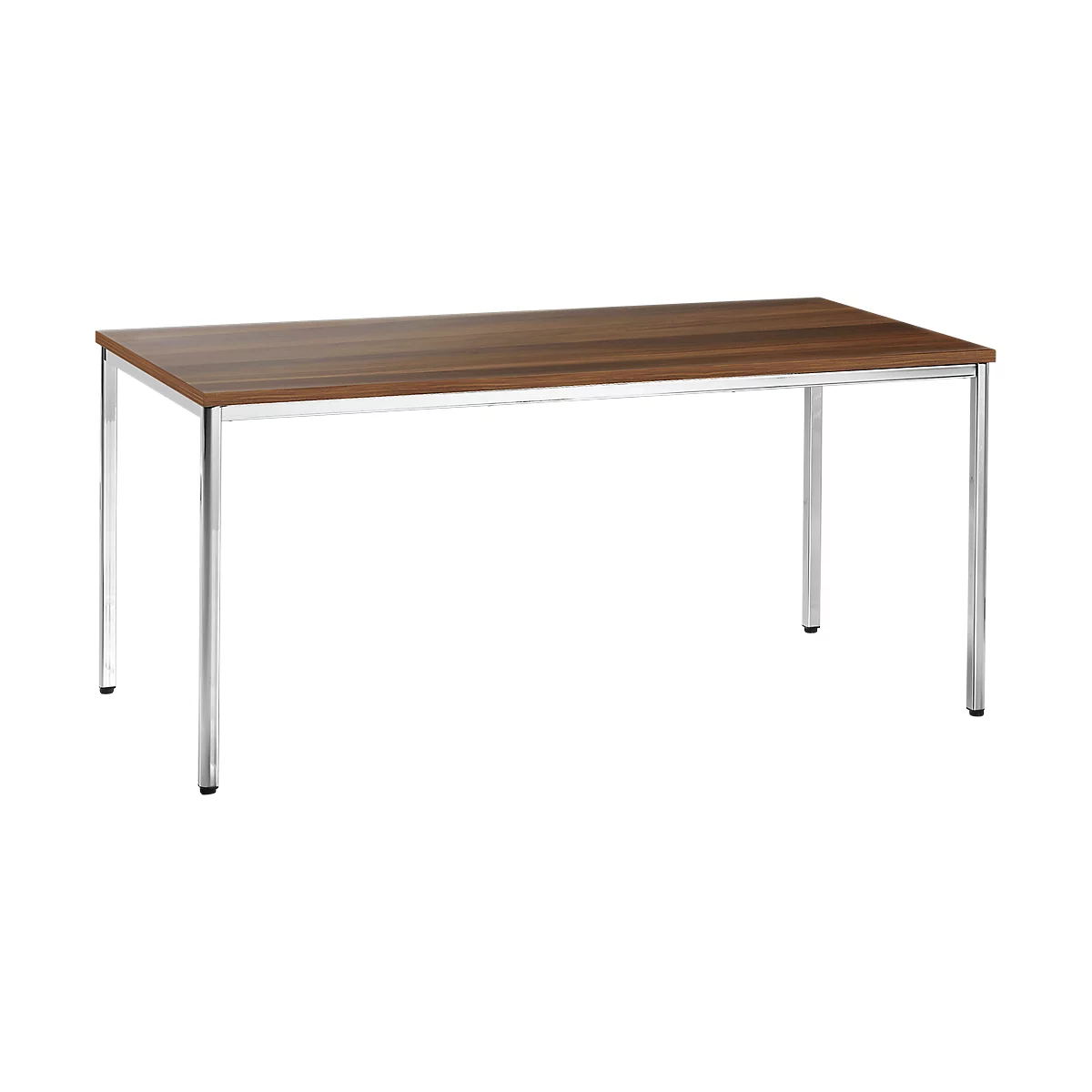 A rectangular brown table with silver legs.