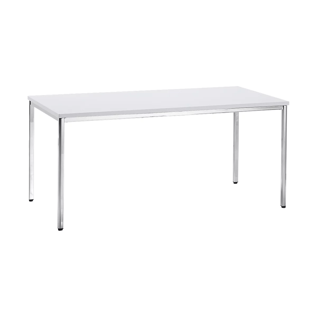A rectangular, white table with four shiny, silver legs.