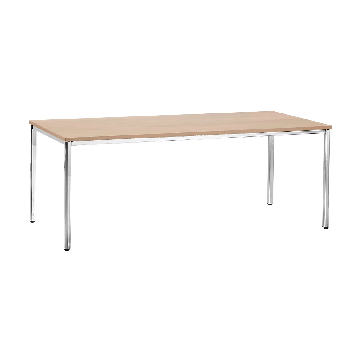 Rectangular beige table with metal legs. The tabletop is made of light wood, the frame of shiny metal.