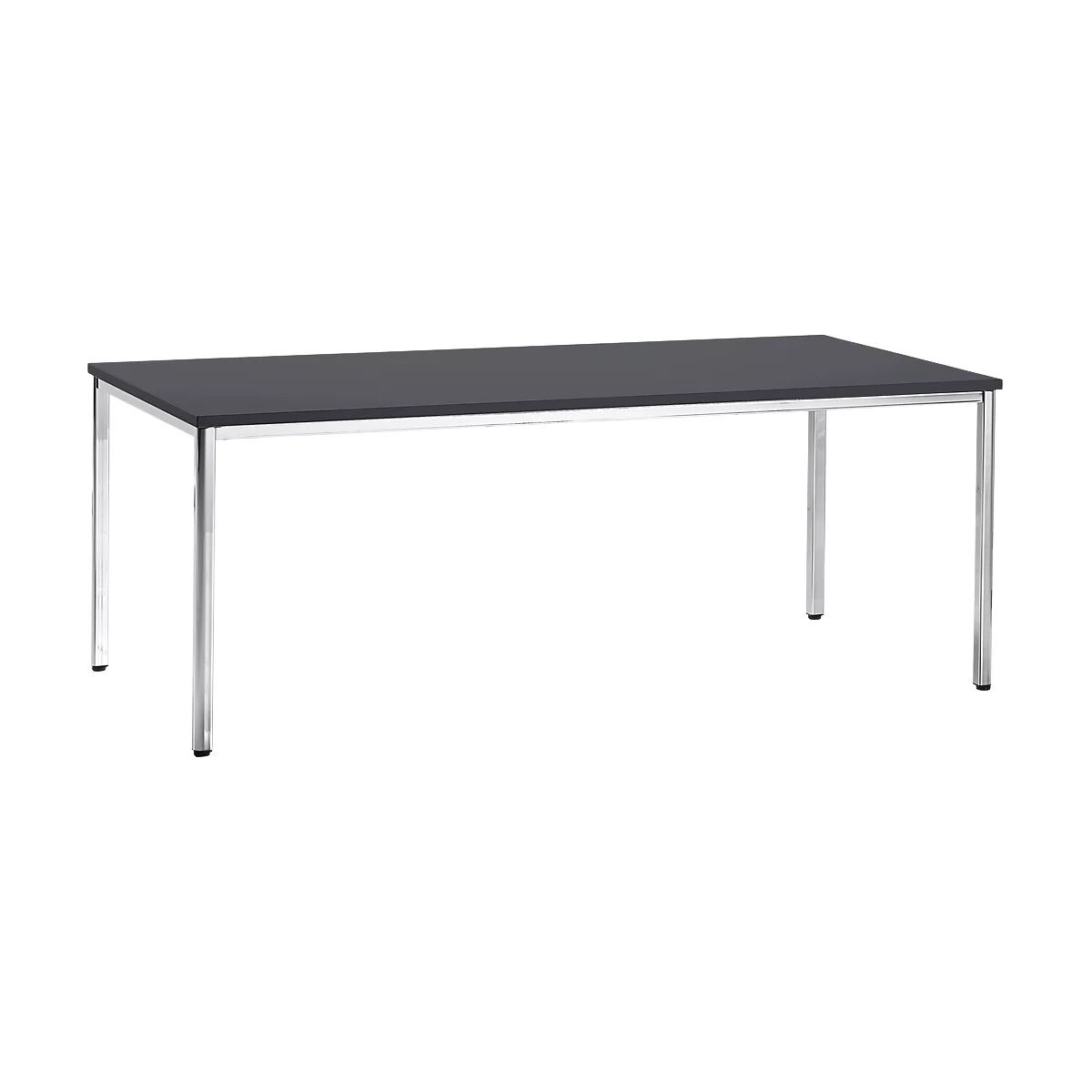 A rectangular table with a dark tabletop and silver legs. The tabletop is black, and the legs are metal.