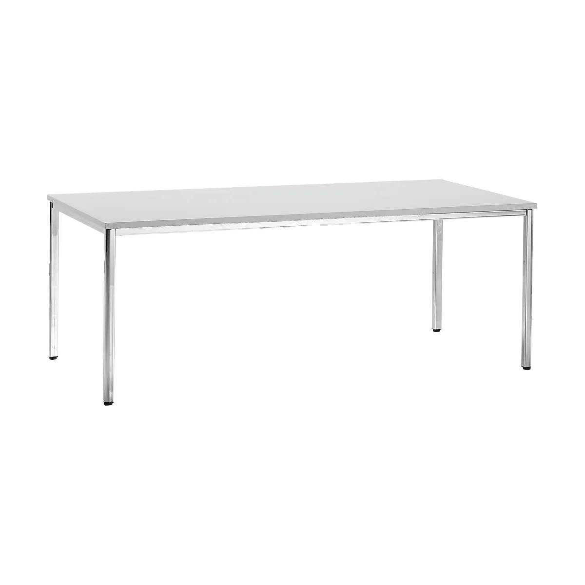 A rectangular, white table with silver legs, against a white background.