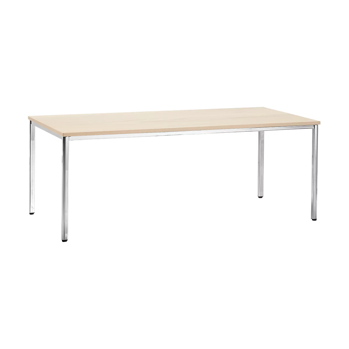 A rectangular table with light-colored wooden top and silver legs.