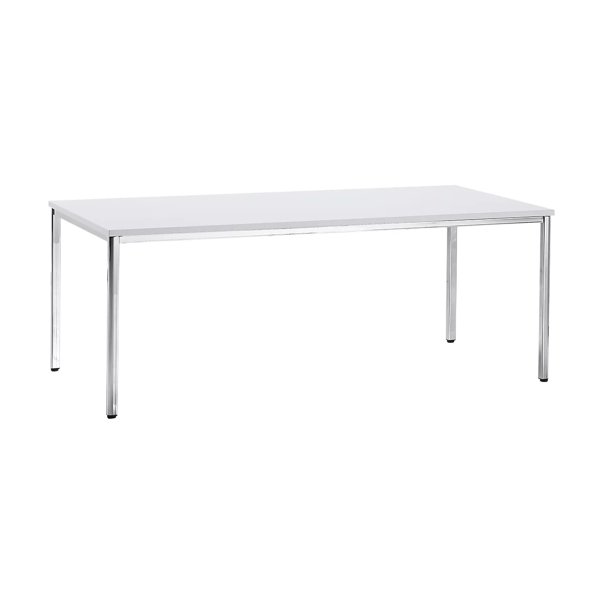White table with chrome legs. Rectangular tabletop, four legs.