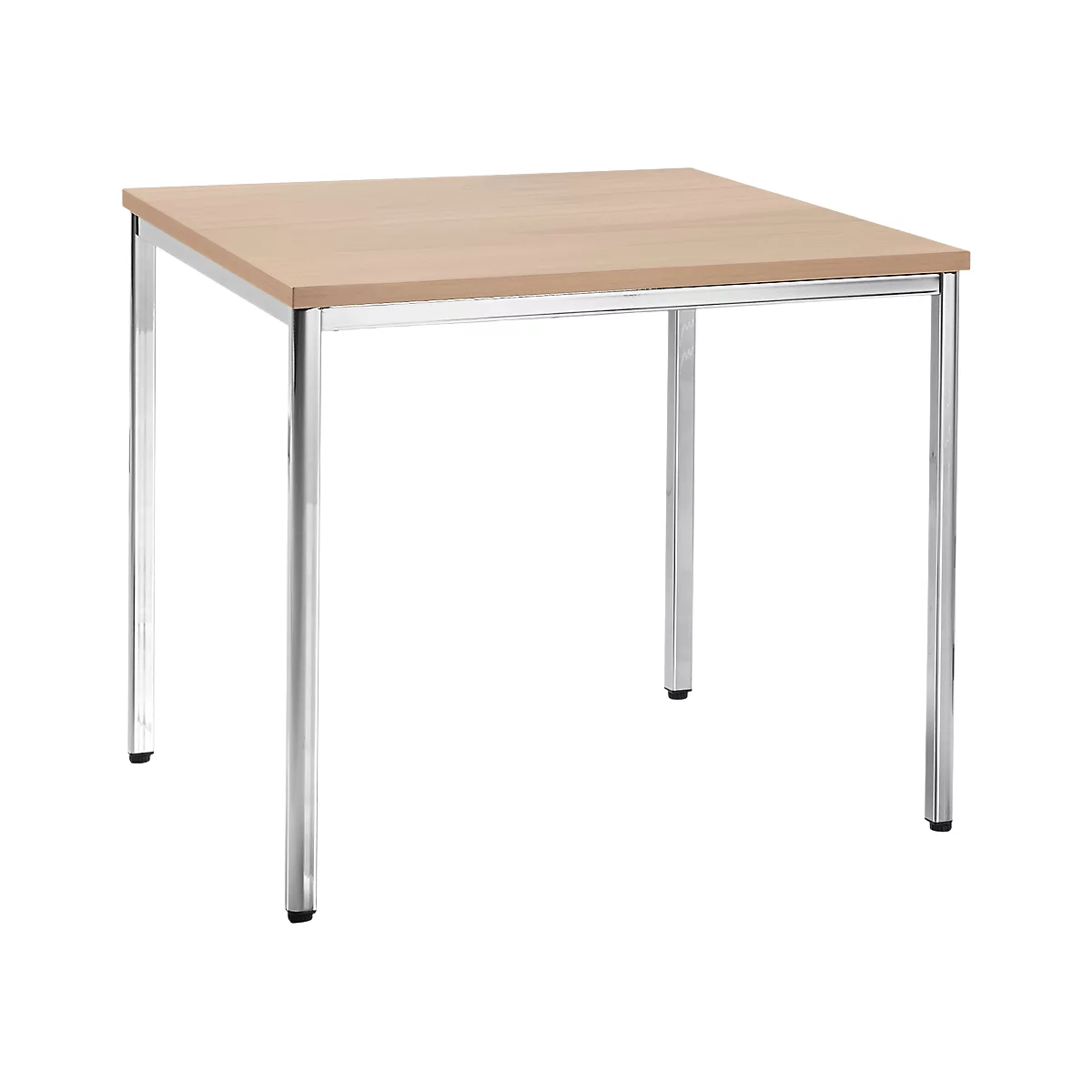 Square table with light wood and chrome legs. The table top is light brown, the legs are shiny.