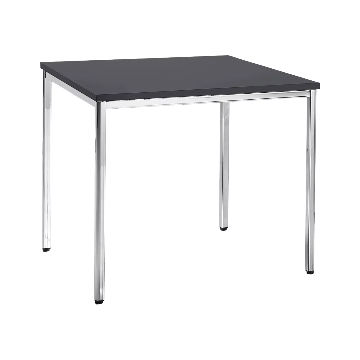 A square table with a black tabletop and silver legs, on a white background.
