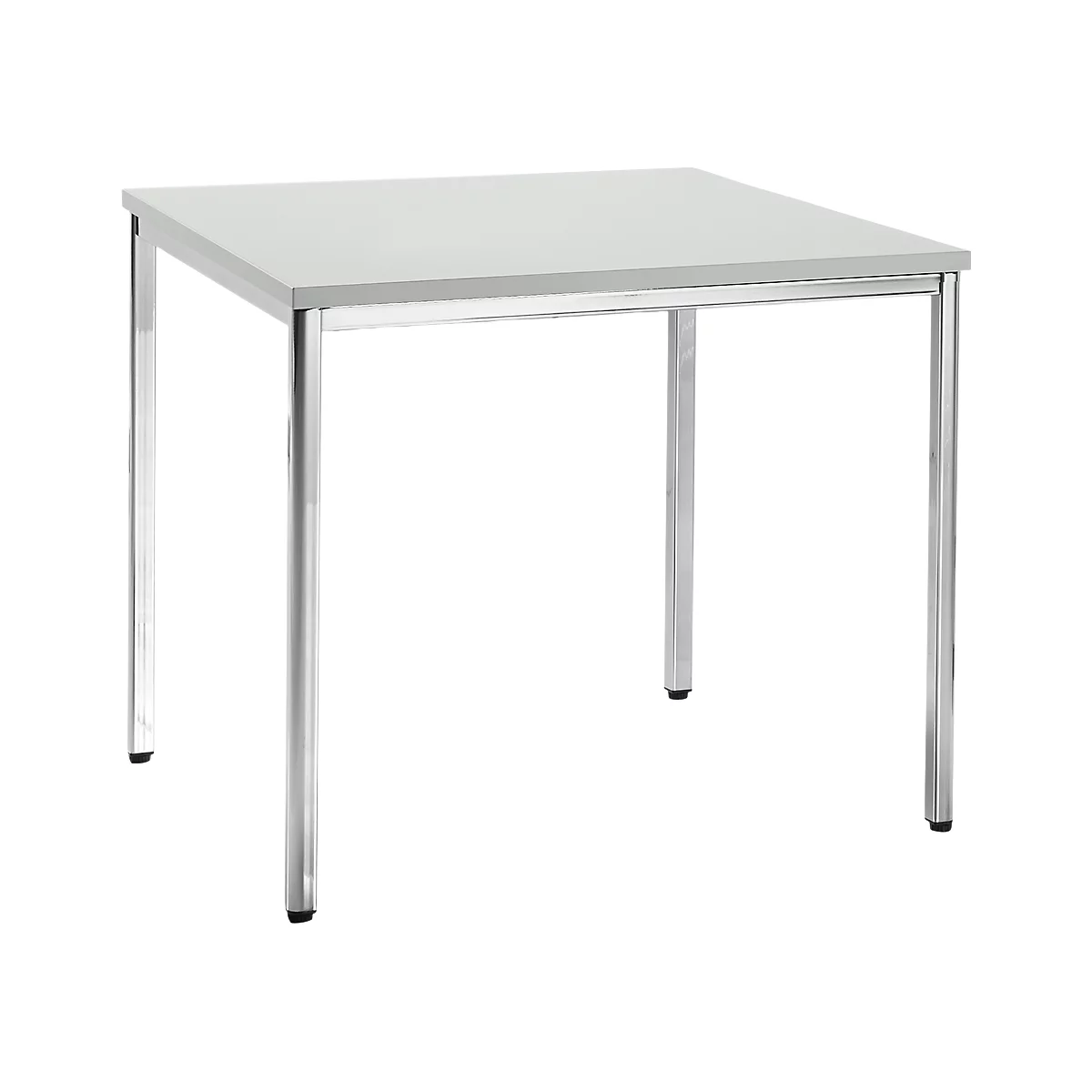 Square table with light gray top and metal legs.