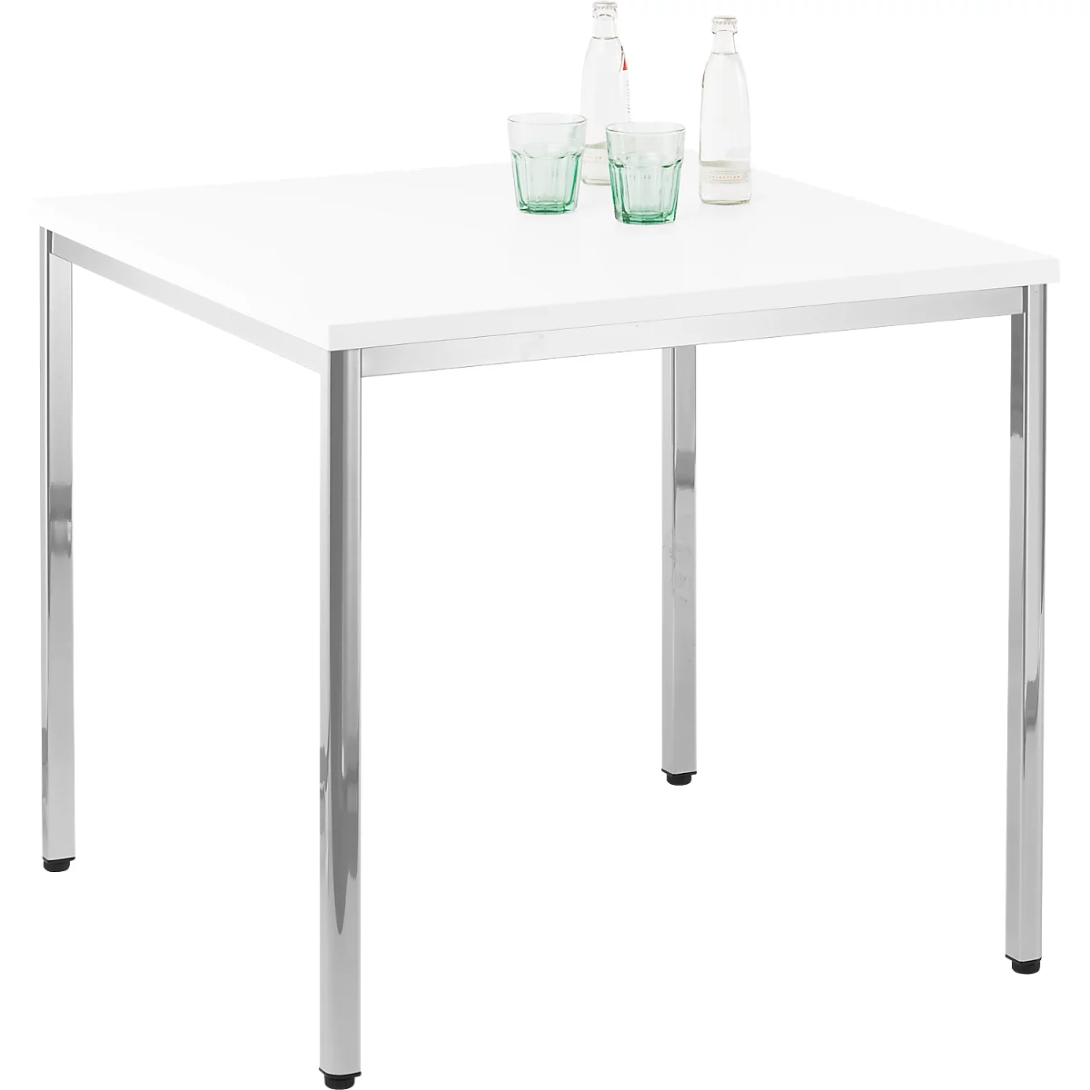 Square white table with metal legs. Two green glasses and two water bottles are on it.