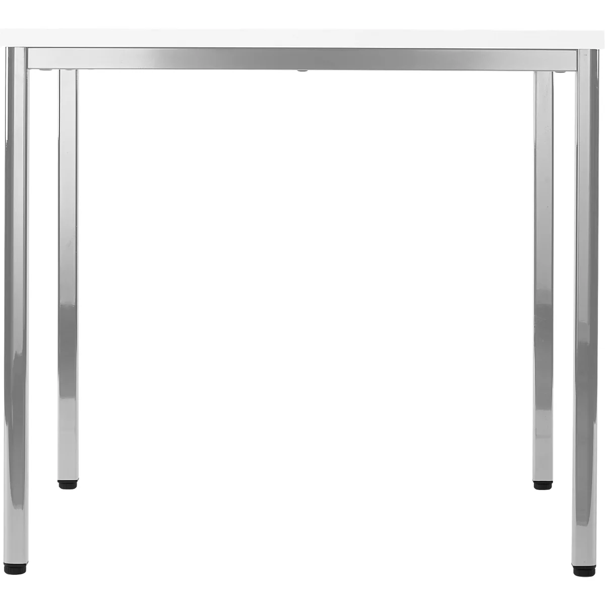 A small table with a white tabletop and chrome legs, ending in black feet.