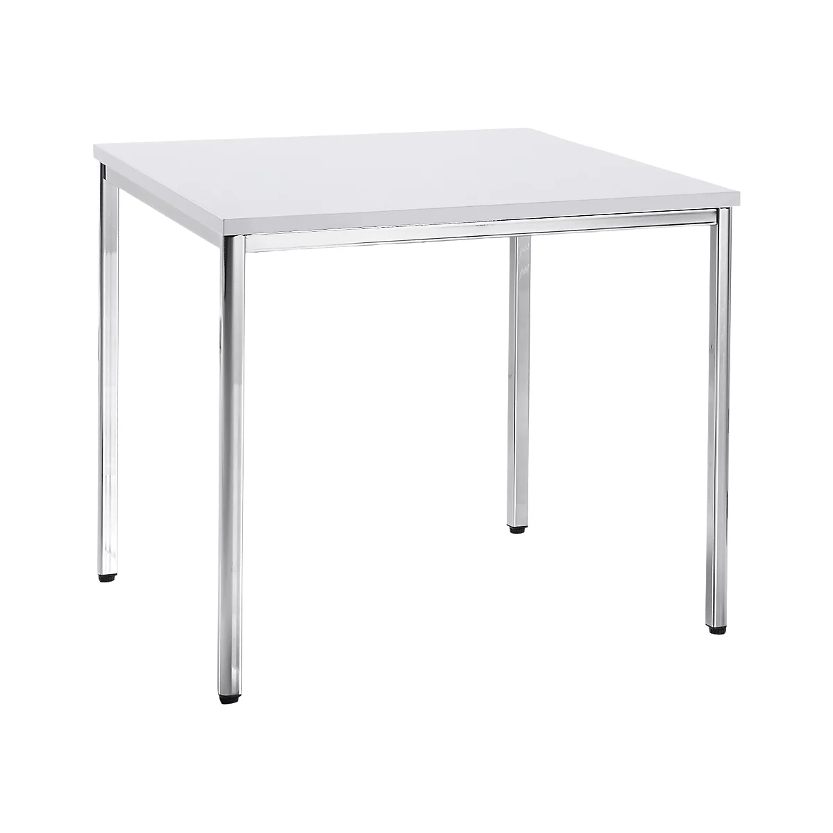 Square white table with chrome legs.