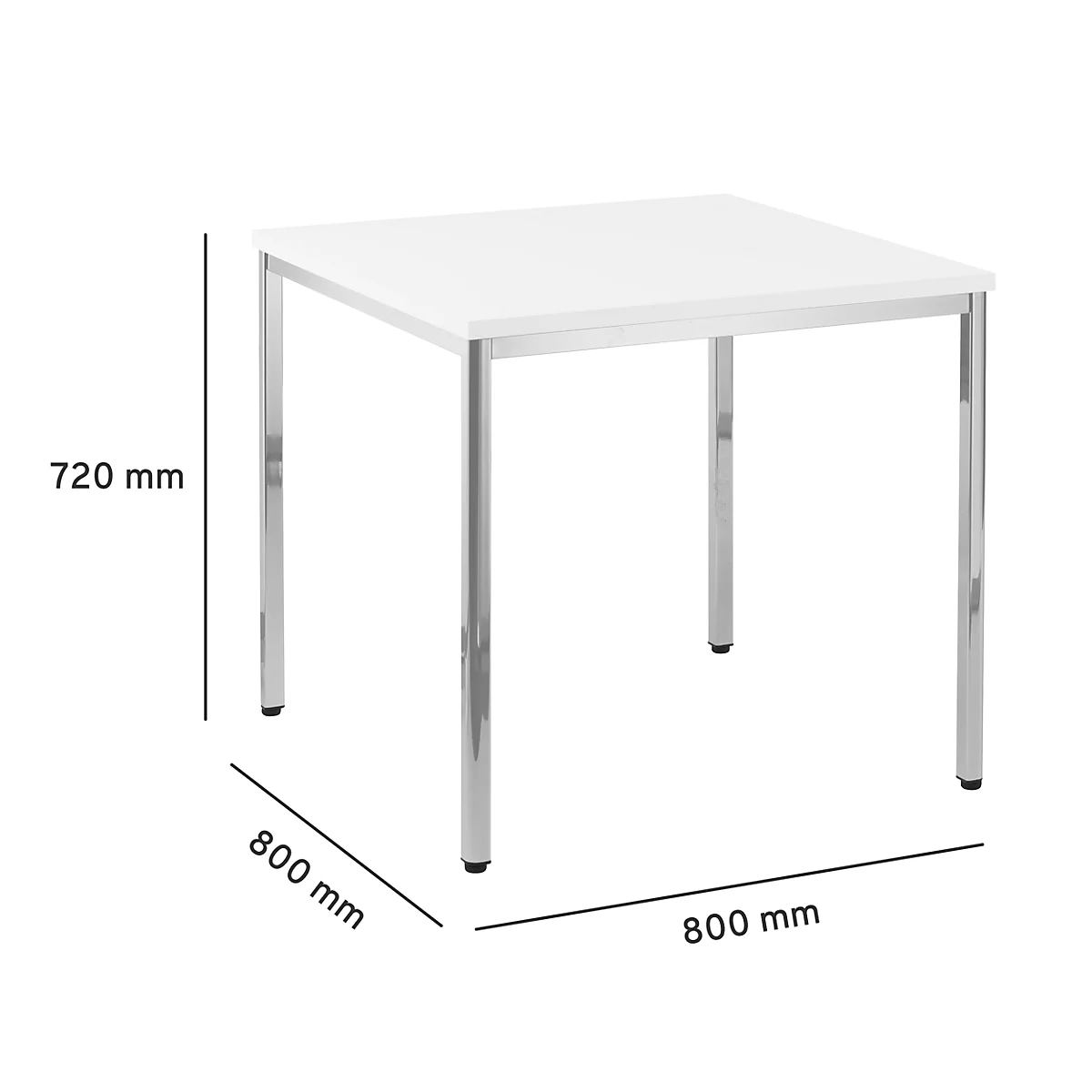 White square table with chrome legs, dimensions: 800 x 800 x 720 mm.