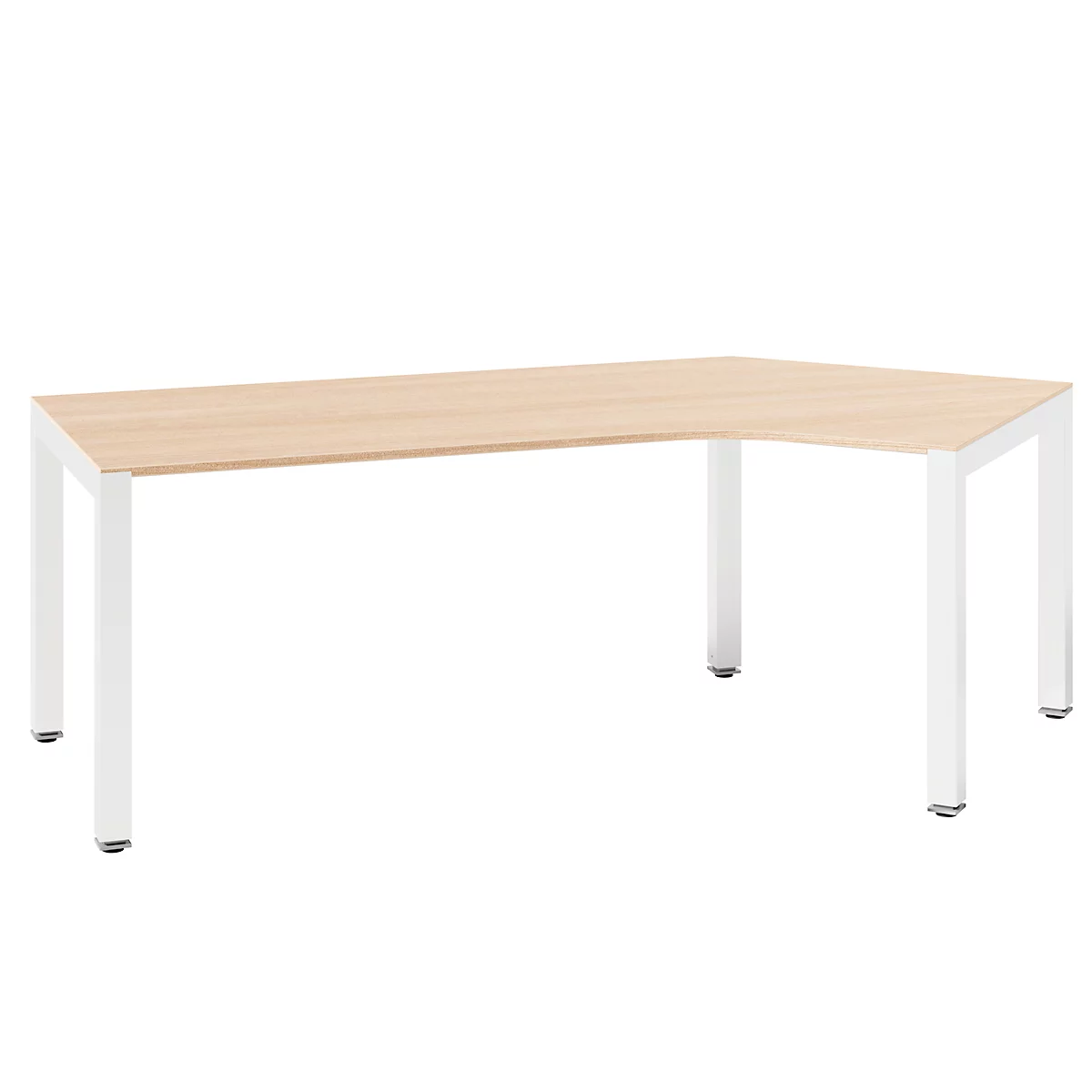 Wooden corner desk with white metal frame, against a white background.