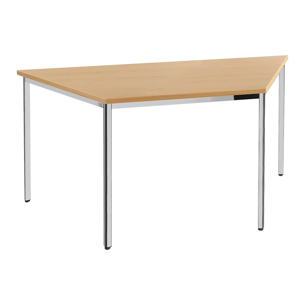 Triangular table with light wood top and chrome legs.