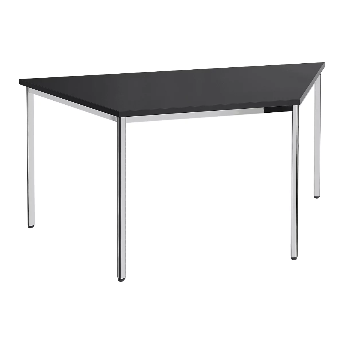 Triangular table with black top and silver legs. A modern design.