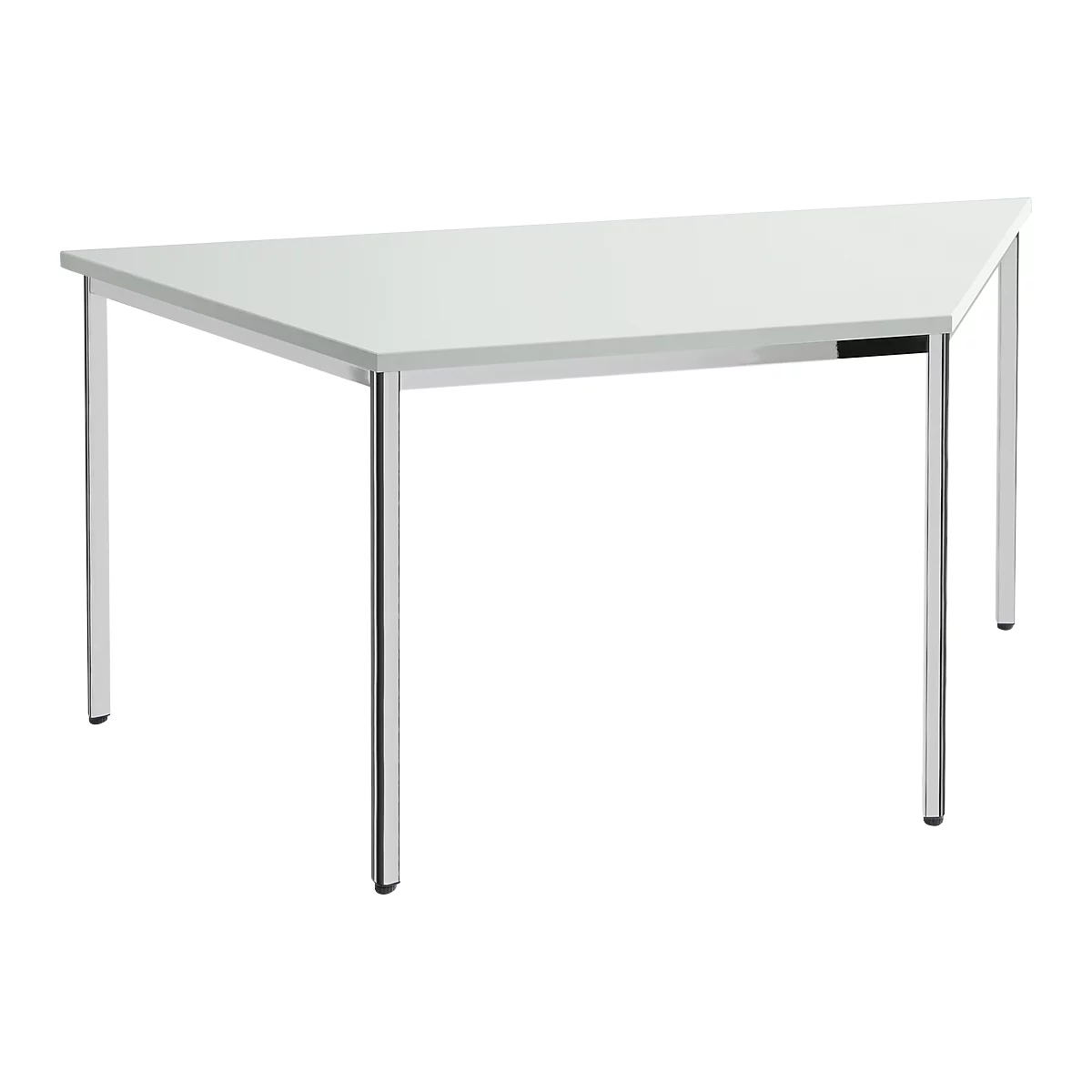 Triangular table with white top and chrome legs.