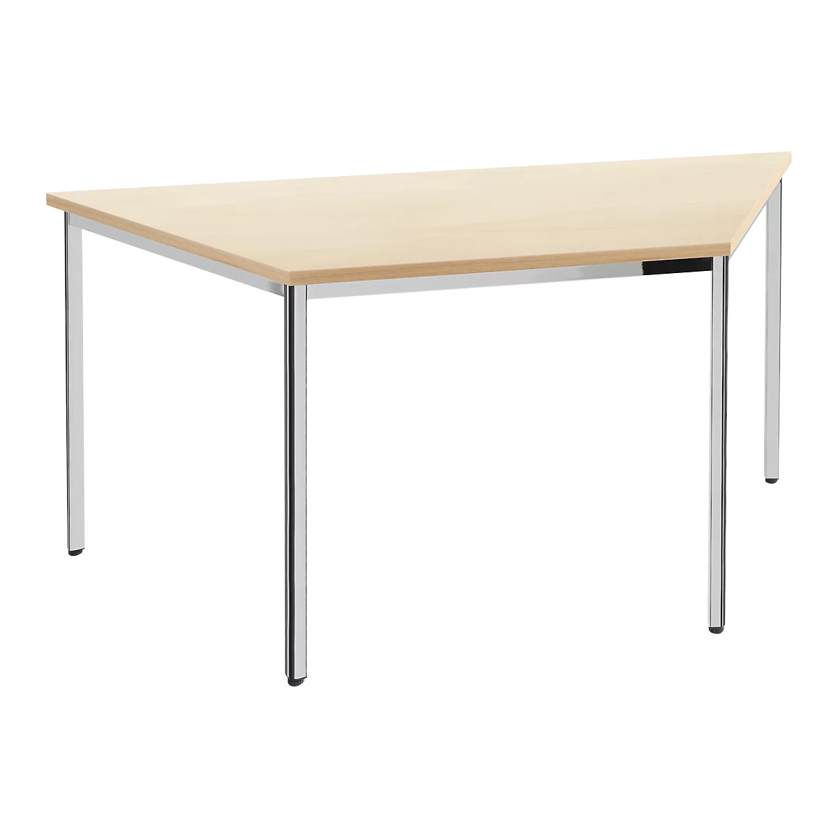 Triangular table with light wood and chrome legs. One side is straight, the other angled.