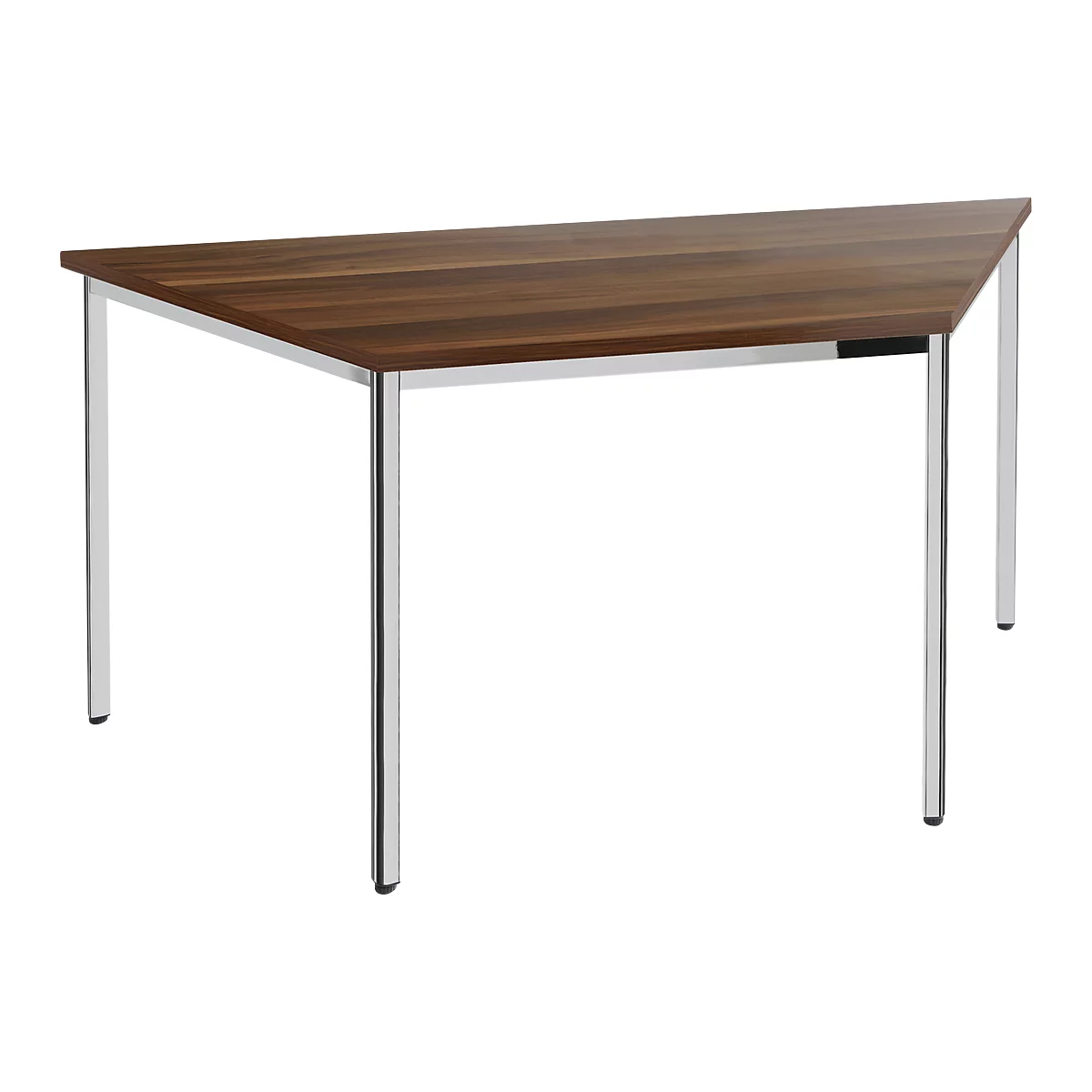 Triangular wooden table with shiny metal legs. The table top is made of wood, in dark brown.