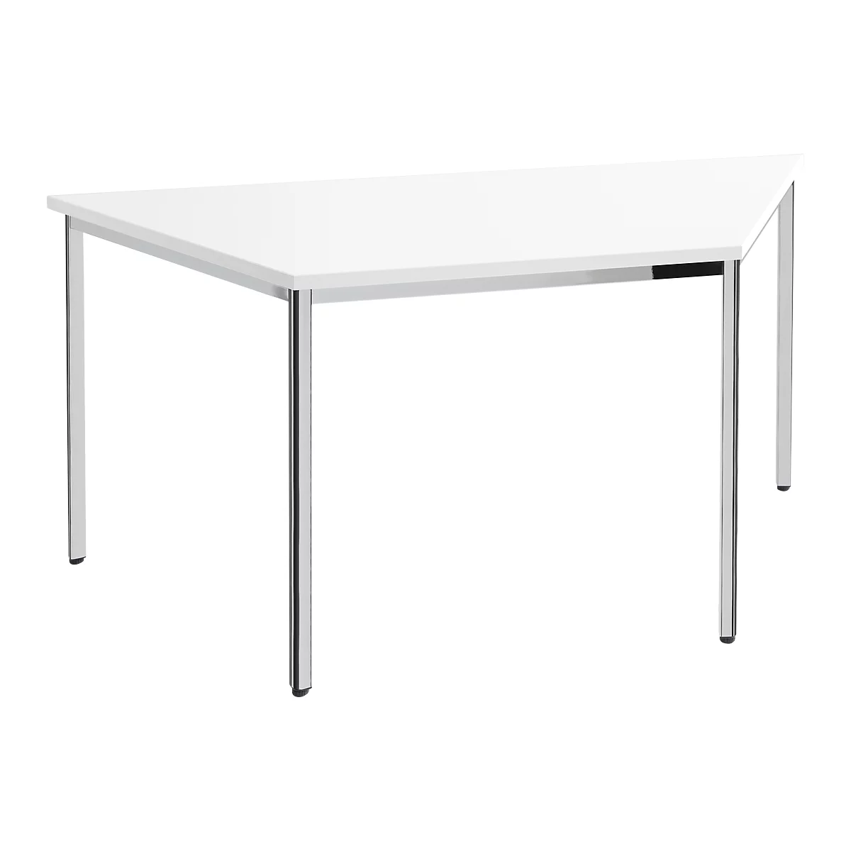 A white triangular table with chrome legs. The tabletop has a smooth surface and a small black insert.