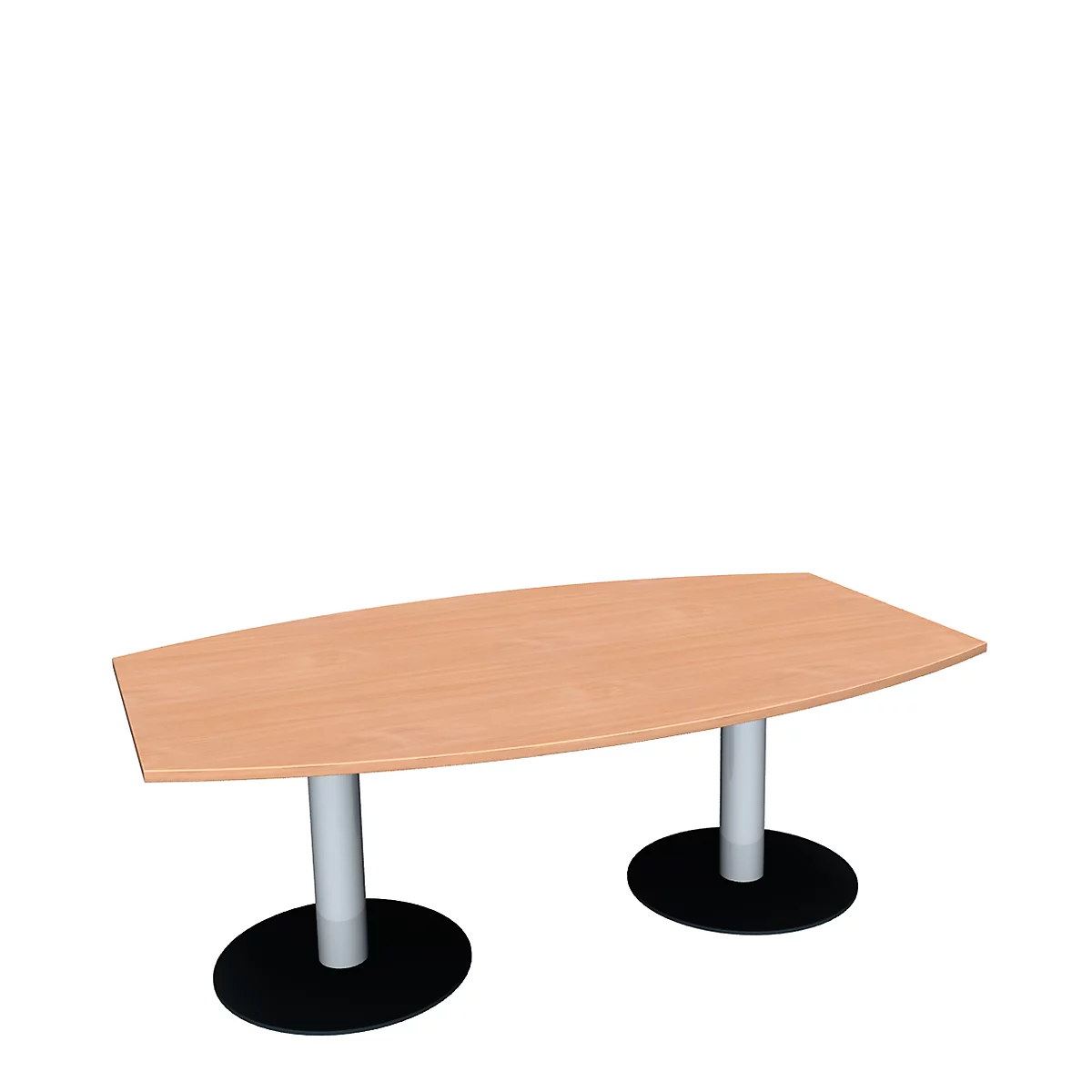 An oval table with two round black bases and silver pillars. The table top is light brown.