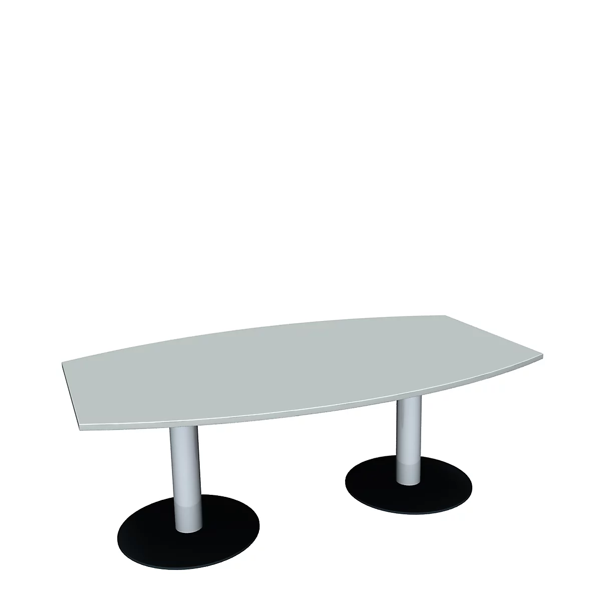 Gray conference table with an oval top, two cylindrical legs and black bases.
