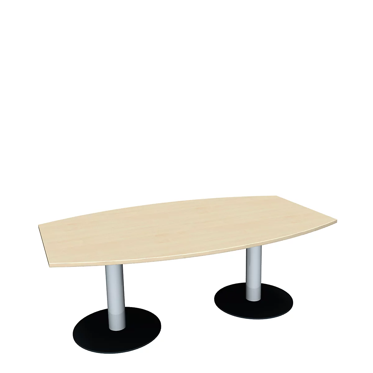 An oval conference table, light brown tabletop with two grey columns on black round feet, isolated.
