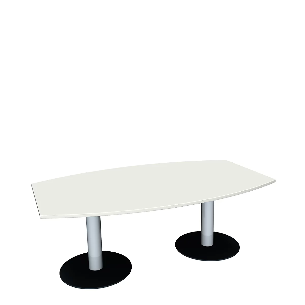A white oval conference table on silver columns and black feet, set against a white background.