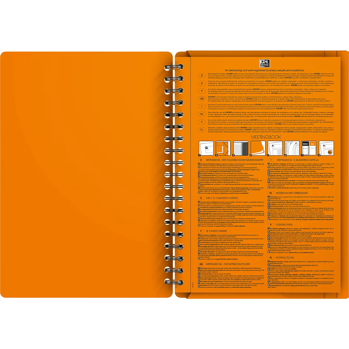 Meetingbook Oxford International, DIN B5, blanc-linéaire, 80 feuilles, reliure spirale, Optik Paper, orange/rouge/noir