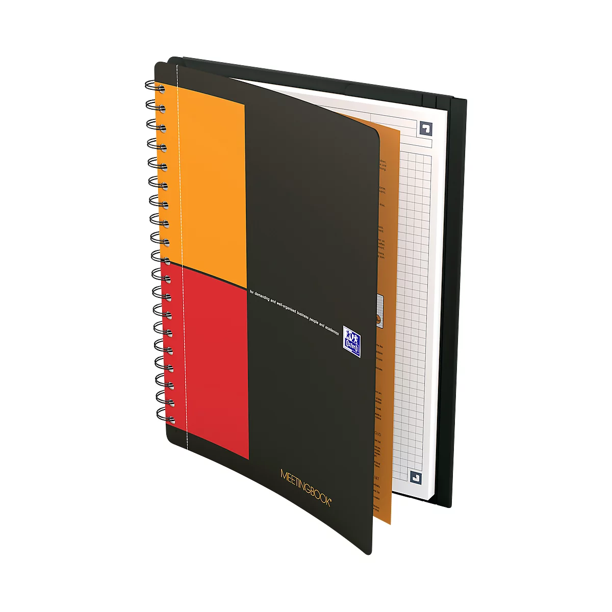 Schwarzes Notizbuch mit orangen und roten Blöcken. Geöffnete Seiten mit kariertem Papier.
