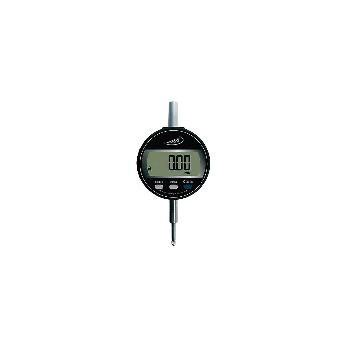 Digitale meetklok, zwarte wijzerplaat met een display van 0,00 mm. Een meetstaaf boven en onder, en knoppen ernaast.