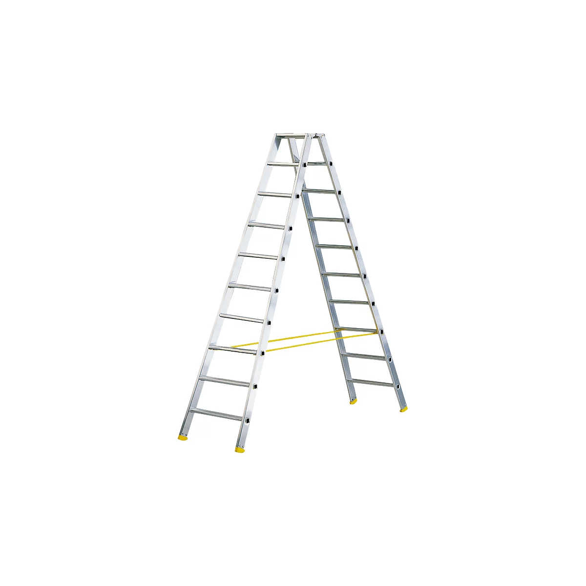 A silver A-frame ladder stands freely. Yellow safety straps connect the ladder feet.