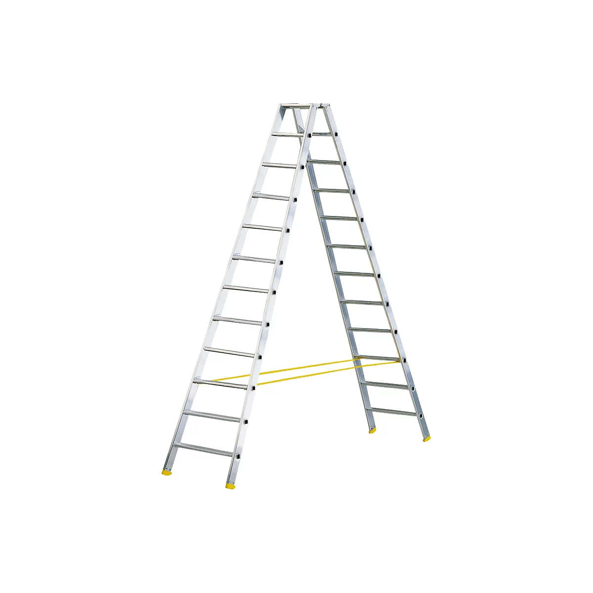 Aluminum ladder with yellow rubber feet and a yellow connecting piece, joining the two sides.