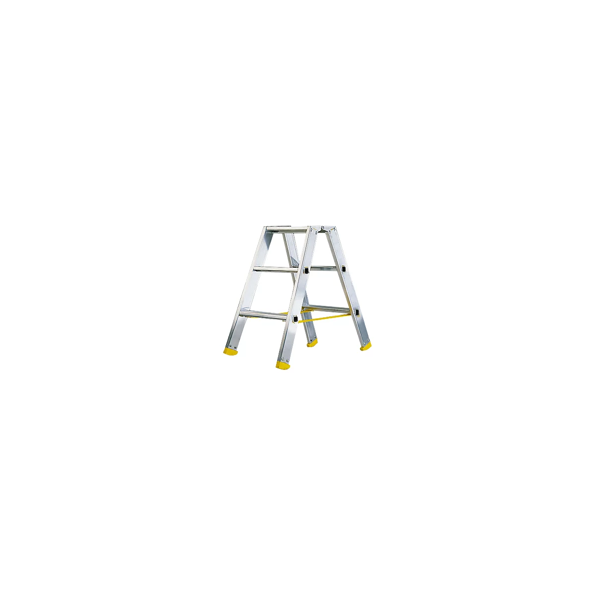 A silver stepladder stands on yellow feet. A yellow bar connects the legs.