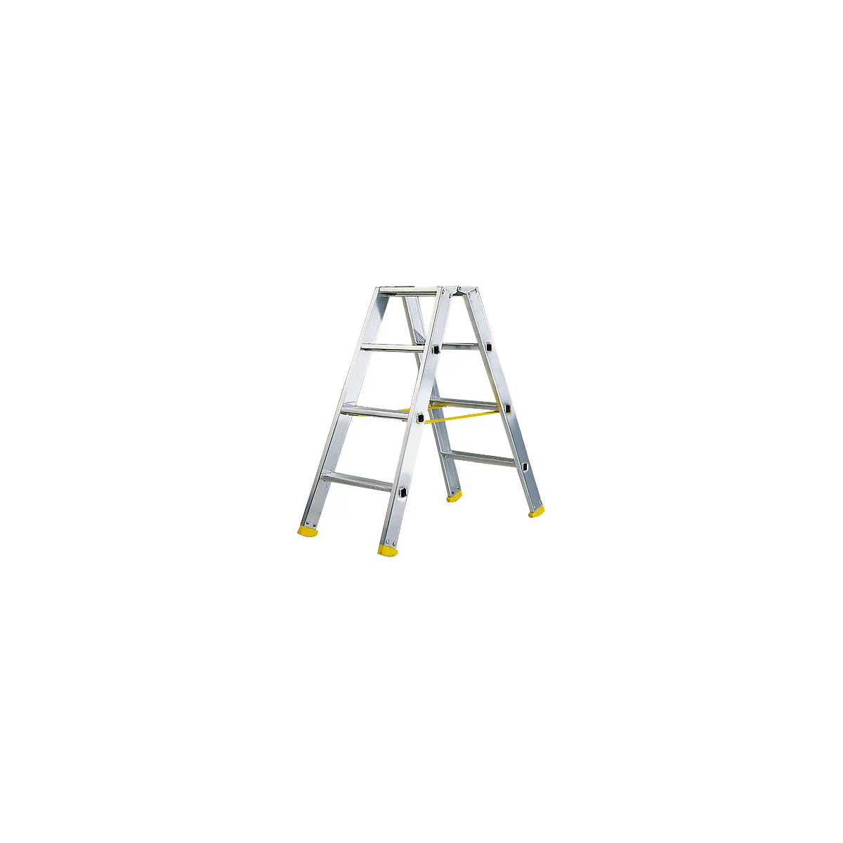 Aluminum folding ladder with yellow feet and struts. The ladder stands stable on the floor.