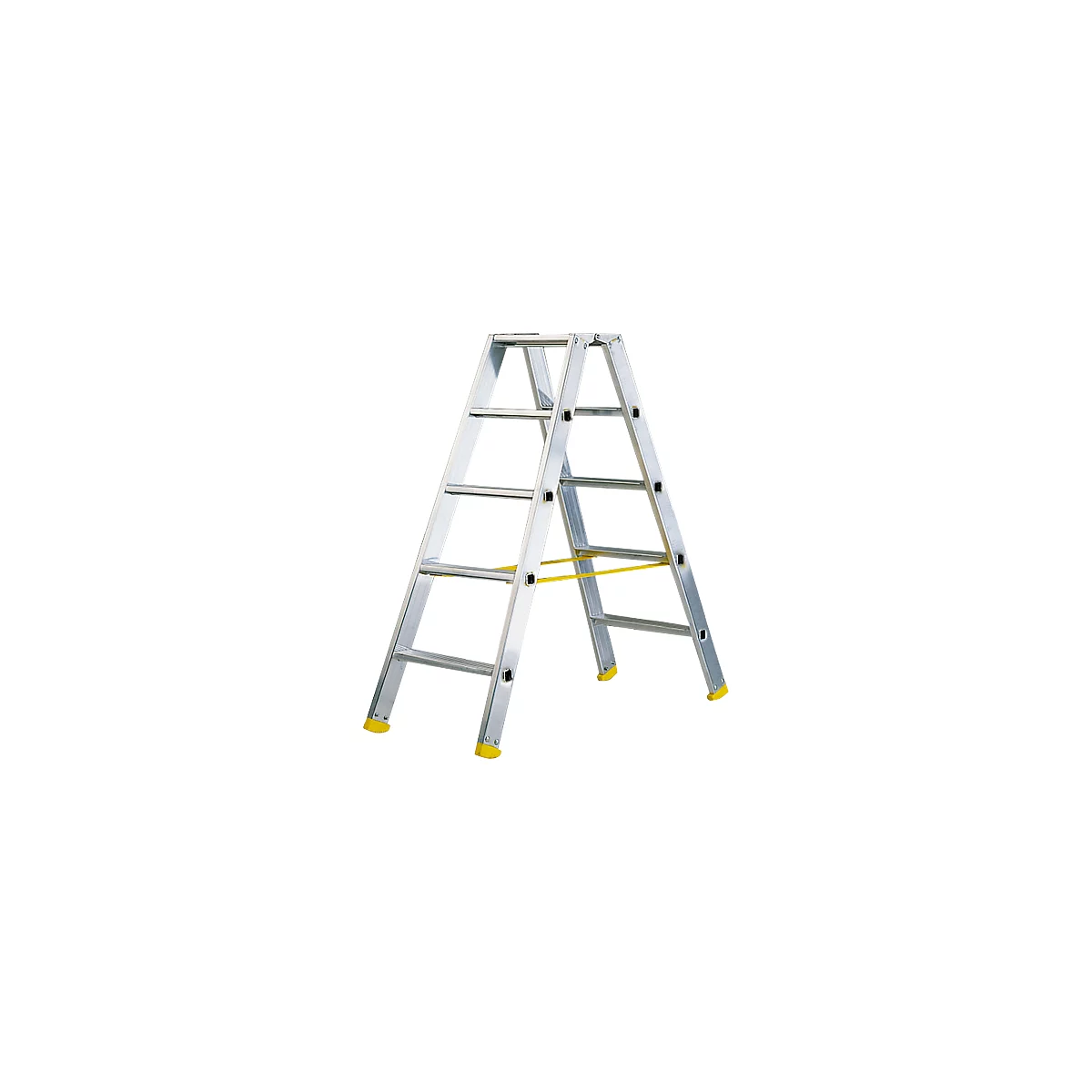 A silver stepladder with yellow feet and yellow bar. The ladder stands against a white background.