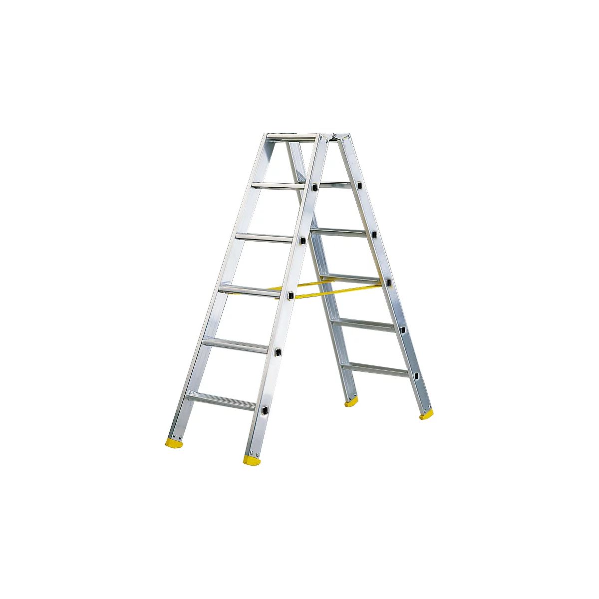 A silver ladder stands upright against a white background. Yellow feet and struts stabilize the ladder.