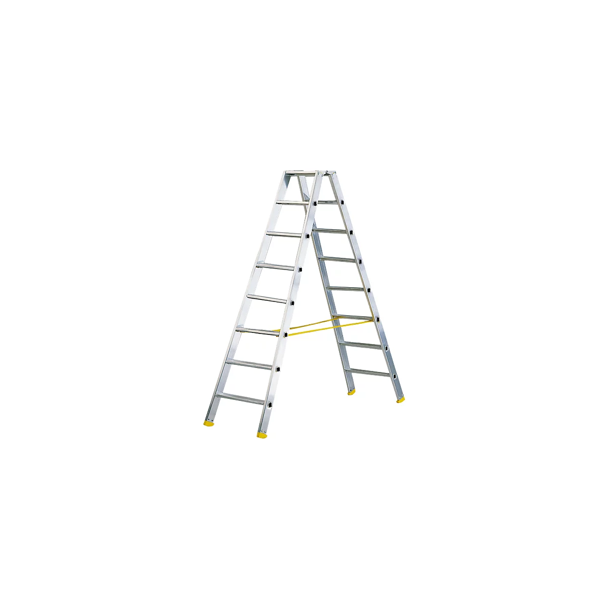 A silver double ladder stands upright. Yellow rubber covers on the feet and a yellow band between the rungs.