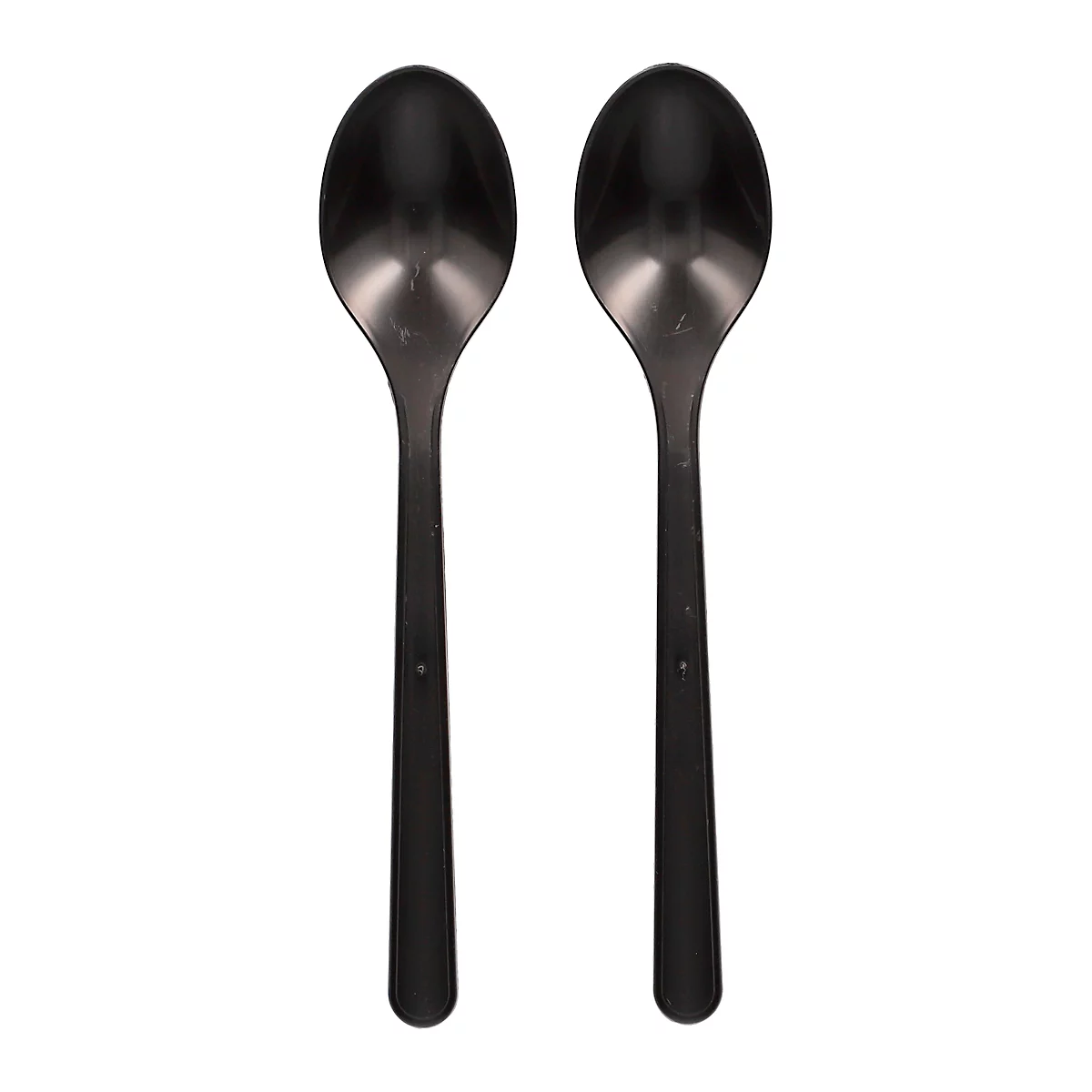 Zwei schwarze Löffel mit ovalen Köpfen, vor weißem Hintergrund.