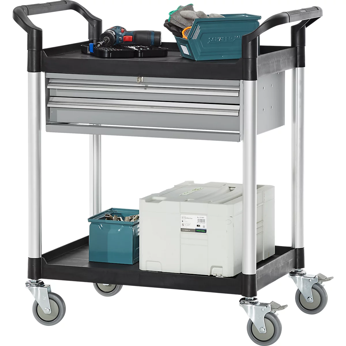 Mehrzweckwagen, 2 Schubladen, 4 TPR-Lenkrollen mit 2 Feststellern, 2 Etagen, L 680 x B 450 mm, Kunststoff/Aluminium, schwarz/alusilber 