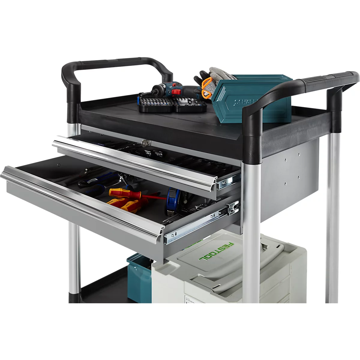 Mehrzweckwagen, 2 Schubladen, 4 TPR-Lenkrollen mit 2 Feststellern, 2 Etagen, L 680 x B 450 mm, Kunststoff/Aluminium, schwarz/alusilber 