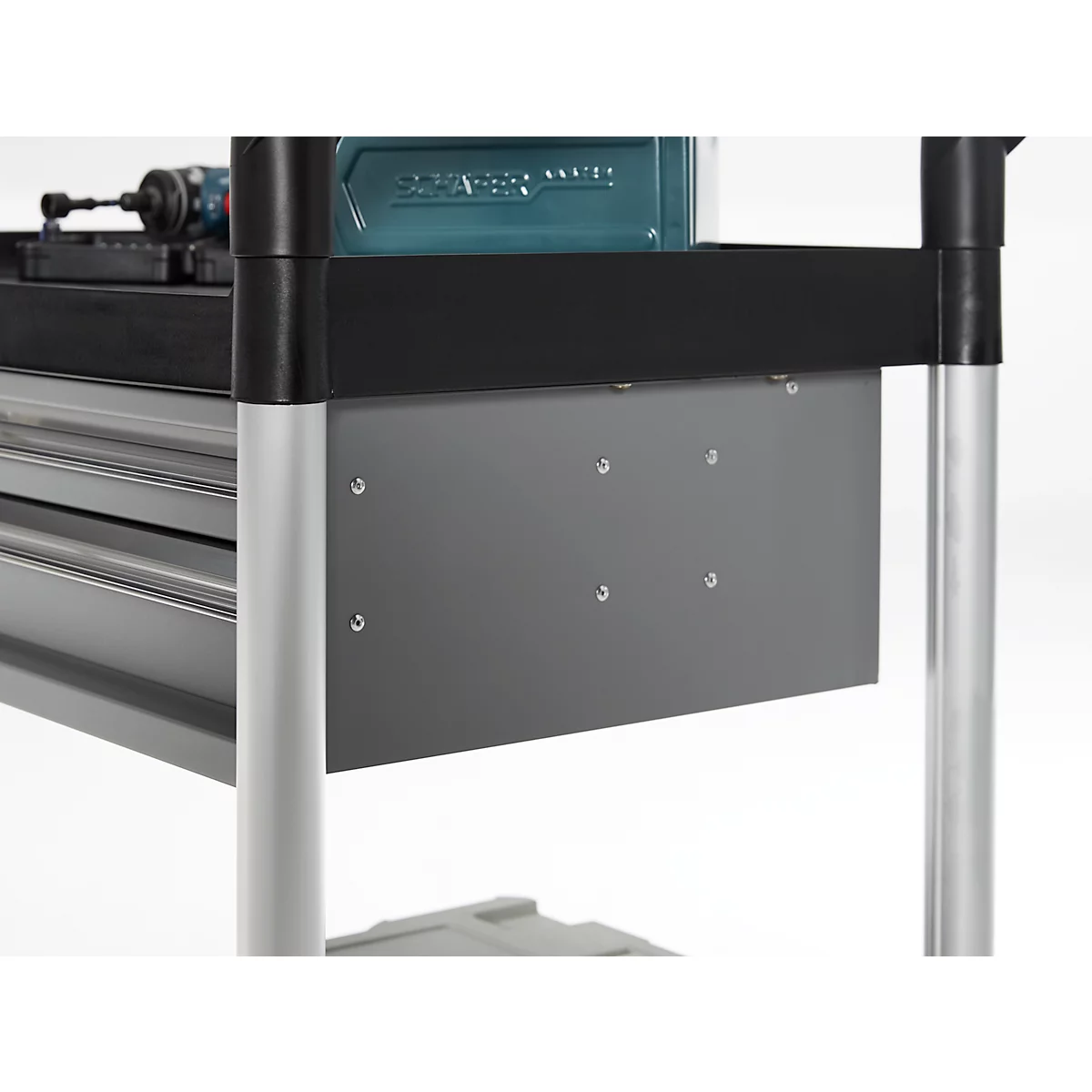 Mehrzweckwagen, 2 Schubladen, 4 TPR-Lenkrollen mit 2 Feststellern, 2 Etagen, L 680 x B 450 mm, Kunststoff/Aluminium, schwarz/alusilber 