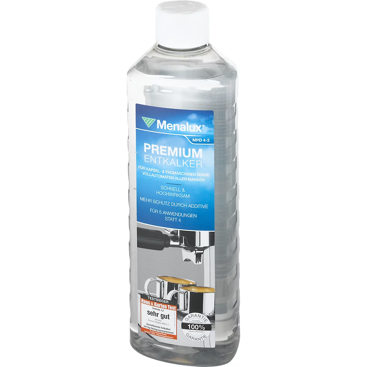 Clear bottle with white cap, the label reads "PREMIUM DESCALER". Below is an illustration of a coffee machine and a coffee cup.