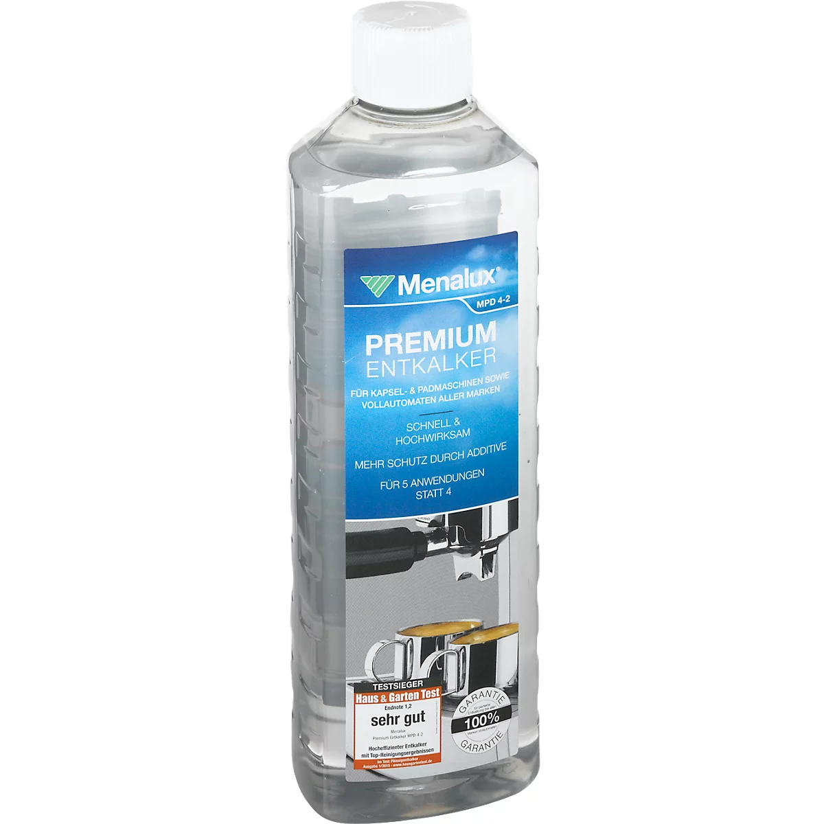 A bottle of Menalux Premium descaler, with blue product label. Inscription: "Fast & Highly Effective". Below, an excerpt from a test that rates the product as "very good".