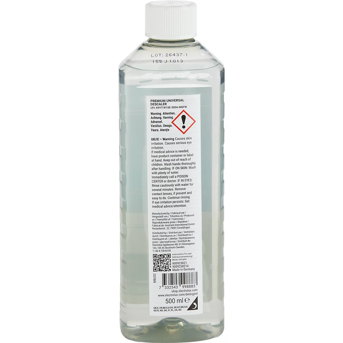 Un liquide transparent dans une bouteille. L'étiquette indique des avertissements et une quantité de remplissage de 500 ml.