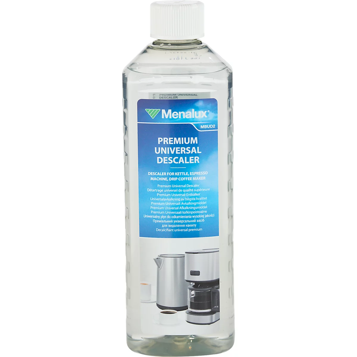Transparante fles met blauw etiket, met 'Premium Universal Descaler'. Afdrukken van waterkoker en koffiezetapparaat.