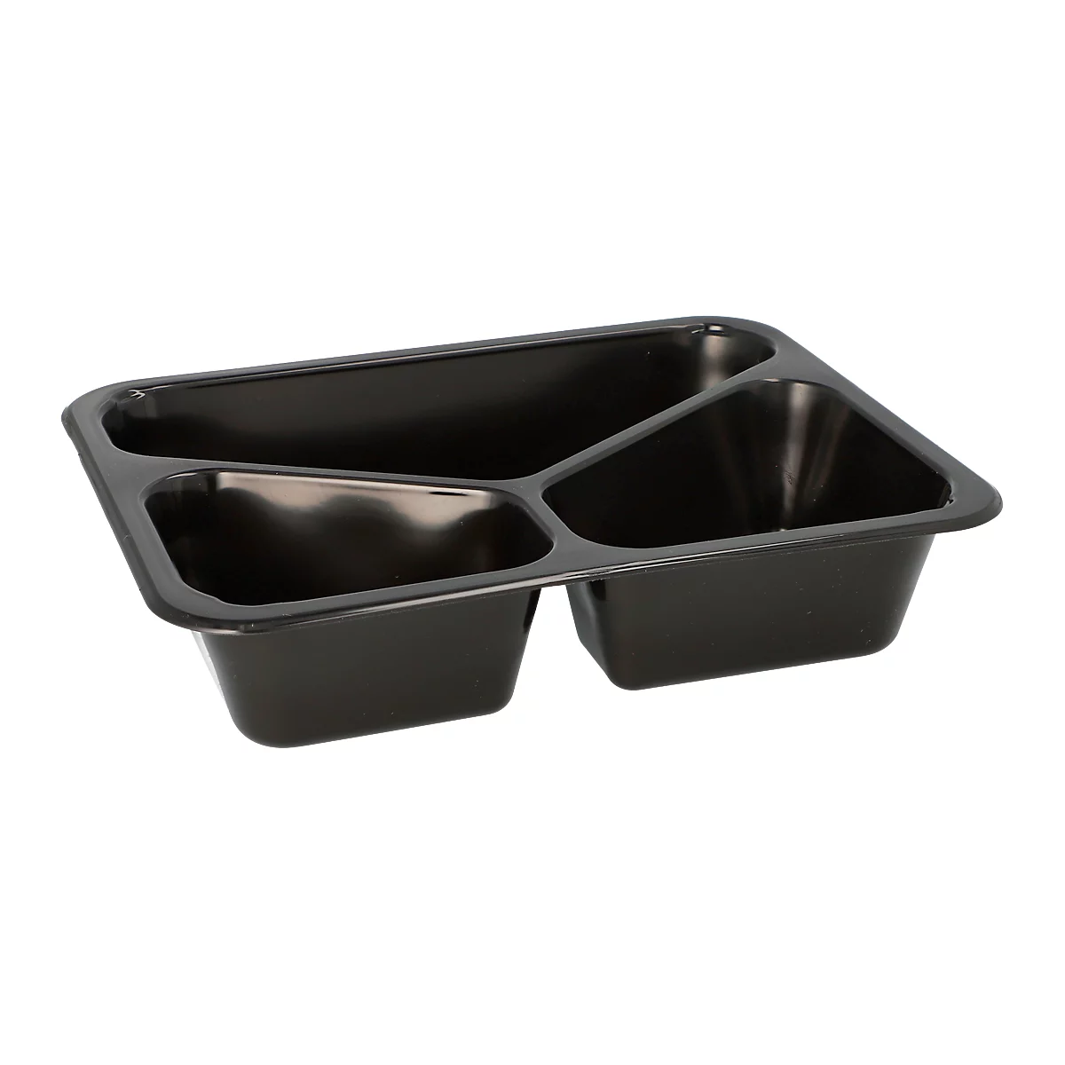 Schwarze, dreigeteilte Kunststoff-Essensschale, ideal für Mahlzeiten in Kantinen oder als Lunchbox.