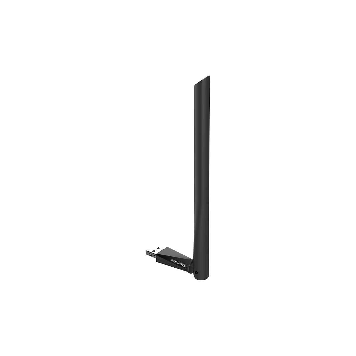 Schwarzer Mercusys WLAN-USB-Adapter mit ausklappbarer Antenne vor weißem Hintergrund.
