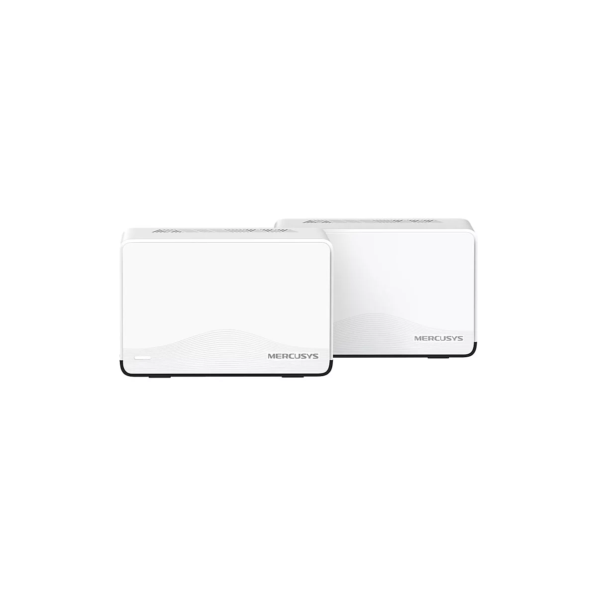 Zwei weiße Mercusys Mesh-WLAN-Router mit dezentem Wellenmuster und Logo vor weißem Hintergrund.
