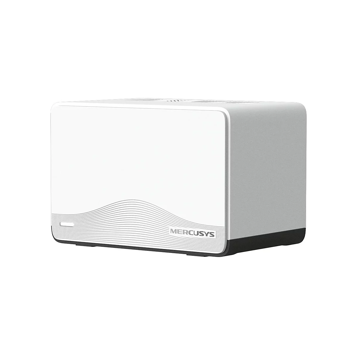 Weißer Mercusys WLAN-Router im kompakten Design mit geschwungenem Muster und schwarzem Boden auf weißem Grund.