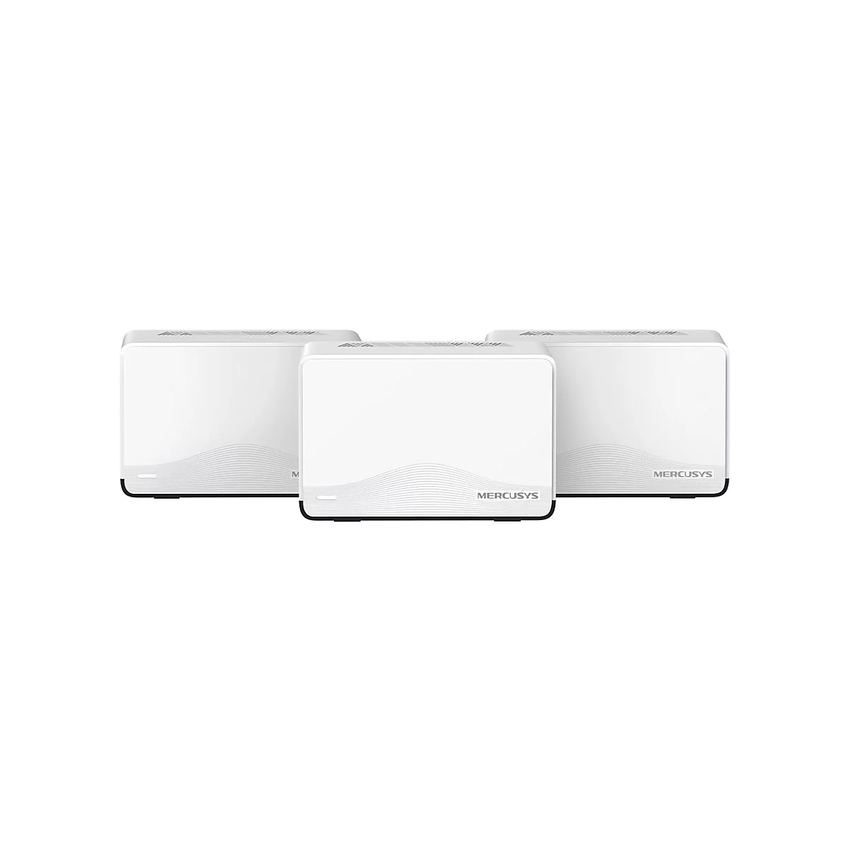 Drei weiße Mercusys WLAN-Mesh-Router in rechteckigem Design vor weißem Hintergrund.